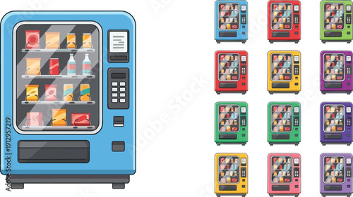 Vector illustration of vending machines in multiple colors including blue, red, green, yellow, purple, and pink, filled with assorted snacks and beverages for branding concepts.