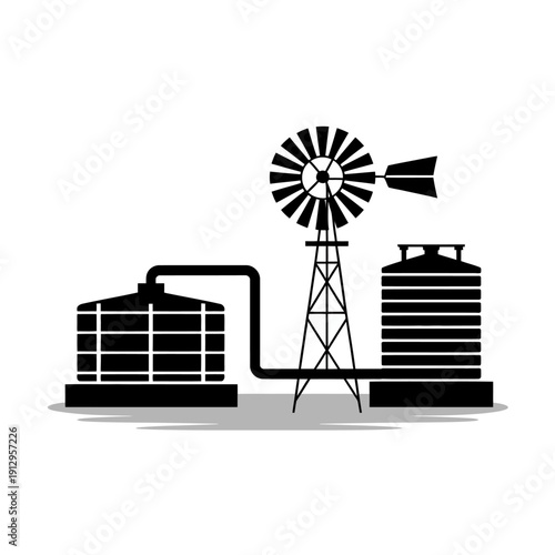 Black and white illustration of windmill and water storage tanks connected by pipe