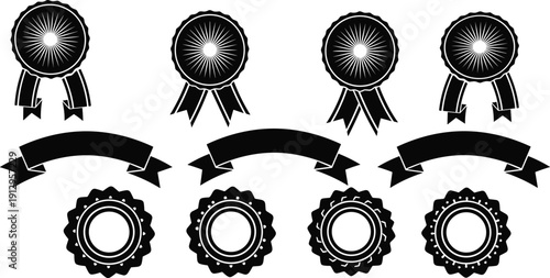 Collection of twelve black and white award badge, ribbon banner, and decorative seal illustrations, vector artwork for certificates, promotions, recognition, and celebratory designs