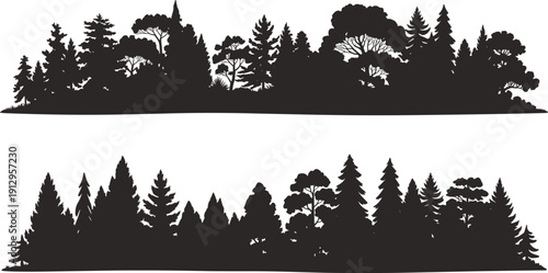 Forest tree silhouettes landscape, pine fir oak woodland border design, nature skyline background, black forest illustration vector
