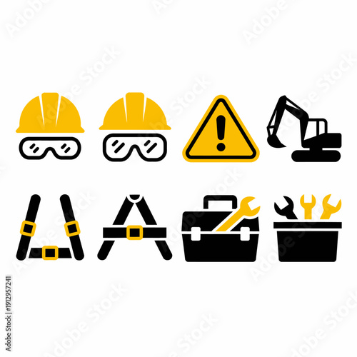 Construction safety icons set with tools and protective equipment on white background