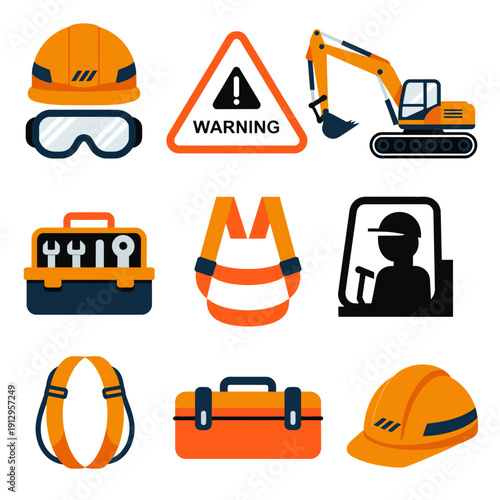 Construction safety icons set with tools and protective equipment  warning signs included