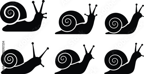 Snail silhouette collection isolated on white background, cute slow animal vector set for logo design, nature icon, minimal wildlife illustration bundle