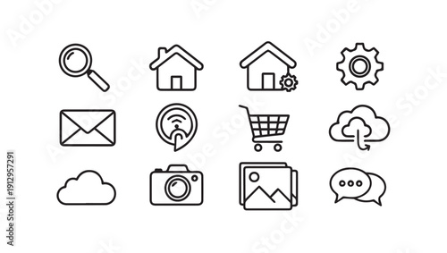 Set of 12 outline icons for web and mobile app design, including search, home, settings, mail, wifi, cart, cloud, camera, photos, and chat.