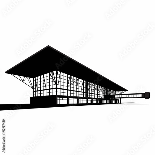 Large modern building with a triangular roof and many windows