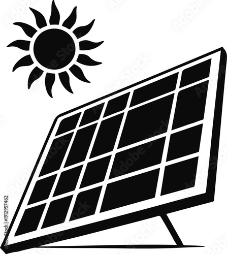 Black and white vector illustration of solar panel with sun icon, clean bold outline, minimal flat design, isolated on white background