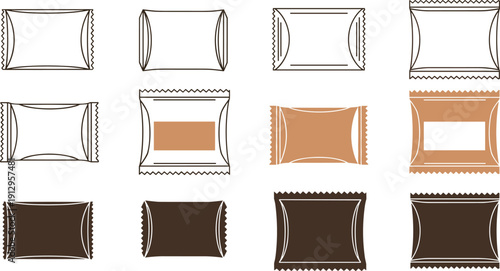 Set of 12 snack bar wrapper icons showing line, filled, and colored designs for candy, chocolate, and snack packaging