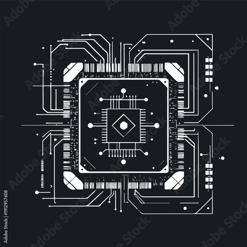 Black and white vector of quantum chip with linked qubits, high contrast outline 1