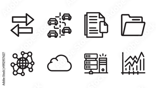 Set of Technology Icons: Data Transfer, Autonomous Cars, Document, Folder, Network, Cloud, Servers, Analytics
