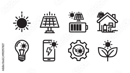 Solar Power Icons: Sun, Battery, Lightbulb, Gear, Leaf, House, Phone, Panel