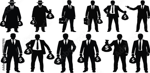 Set of twelve black silhouette illustrations of businessmen holding money bags, briefcases, and wearing suits, hats, and trench coats, vector artwork