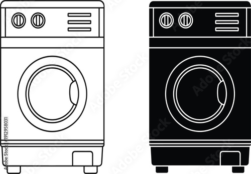 Set of two black and white washing machine icons in outline and solid fill styles, vector artwork featuring front‑loading doors and controls