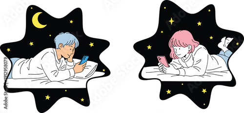 Young man and woman lying in bed at night using smartphones with moon and stars background, virtual communication, bedtime habits (21 words)