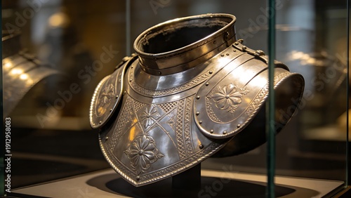 accuser. Polished steel gorget with etched patterns displayed in a museum showcase. event programs, museum guides, designed for cultural heritage projects and event programs.