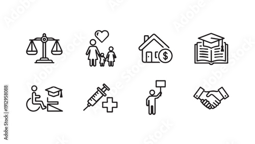 Vector Icons Representing Social Justice, Family, Housing, Education, Health, Protest, and Partnership