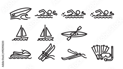 Water Sports Icons Set: Swimming, Sailing, Kayaking, Jet Skiing, Water Skiing, Snorkeling