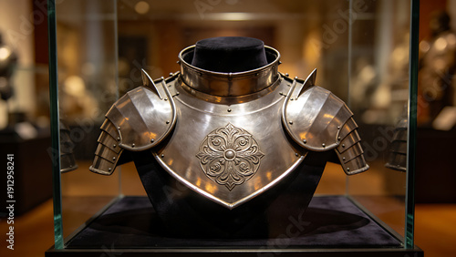 accuser. Polished steel gorget with etched patterns displayed in a museum showcase. event programs, museum guides, designed for cultural heritage projects and event programs.