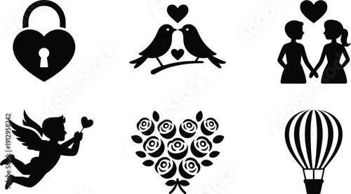 Silhouette illustration of romantic icons including heart padlock, love birds, couple holding hands, Cupid with arrow, rose bouquet, and hot air balloon