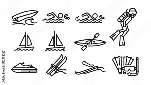 Water Sports Icons: Surfing, Swimming, Sailing, Kayaking, Jet Ski, Skiing, Diving