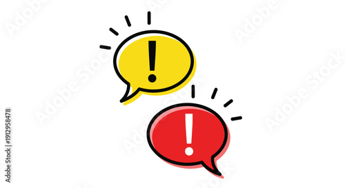 Two brightly colored hand drawn speech bubbles featuring large exclamation points symbolize urgent communication important warnings or crucial alerts needing immediate attention
