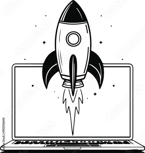 Minimal black and white vector illustration of a startup rocket launching from laptop screen, clean bold outline, flat design, no gradients, isolated on white background, high contrast, stock vector 3
