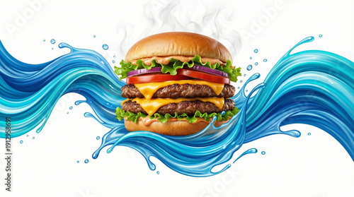 Delicious Double Cheeseburger with Abstract Blue Wave and Steam Elements Isolated on White Background