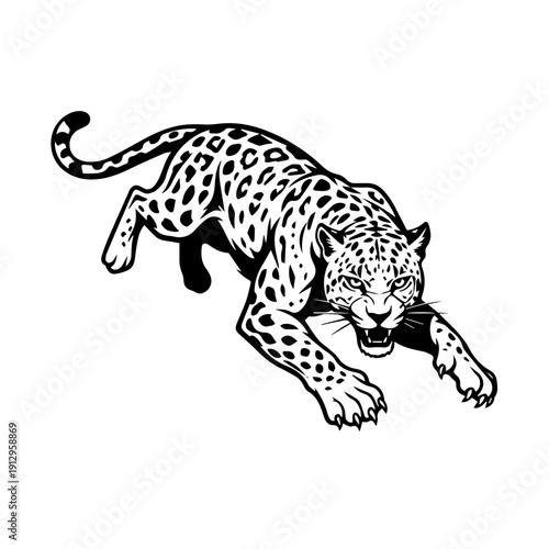 Graceful black and white illustration of a leaping cheetah in dynamic pose
