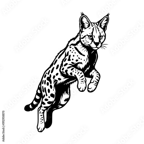 A sleek black and white spotted cat mid-leap in a dynamic pose