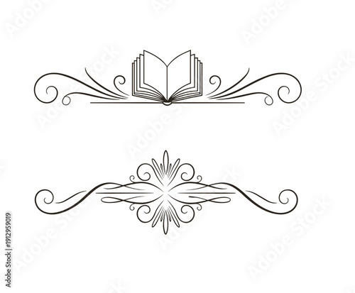 Decorative text separator with book illustration and elegant swirls