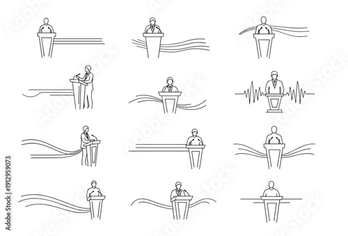People speaking at podiums with different emotions and scenarios in simple line art style