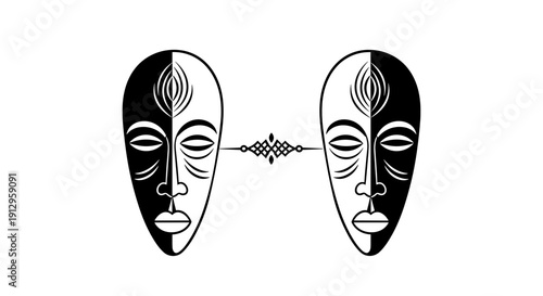African masks art design with contrasting black and white colors and symmetrical features