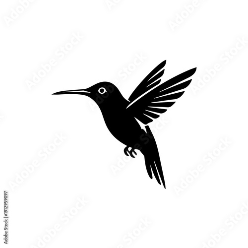 Graceful silhouette of a hummingbird in mid-flight against a stark white background