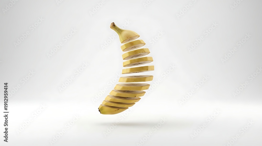 Naklejka premium Floating banana slices isolated on white background for healthy food concept.