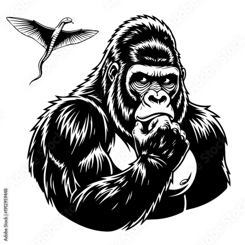 Gorilla pondering with a bird in flight nearby
