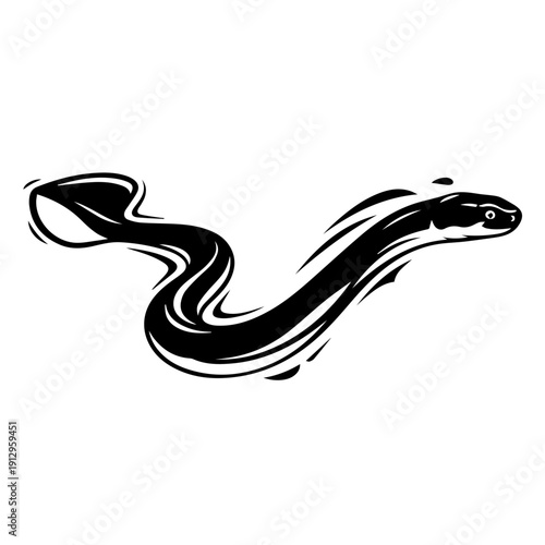 A sleek black stylized illustration of a snake with a wavy body and pointed tail