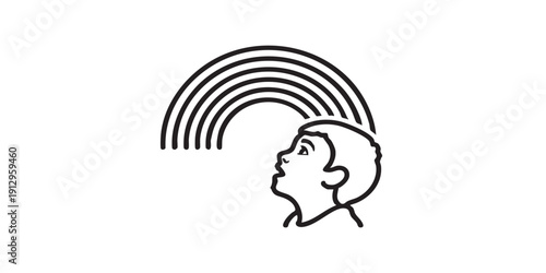 Black and white flat vector icon of a child amazed by a rainbow, minimal outline style, single centered composition, isolated on white background, clean design.