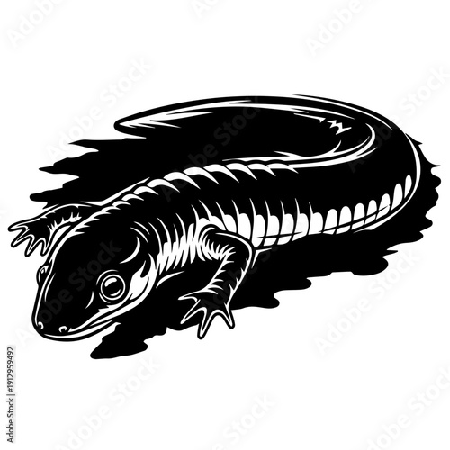 Black and white illustration of a stylized salamander in motion