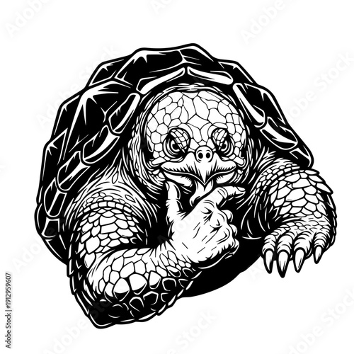 A whimsical turtle with a mischievous grin and a small hat on its head