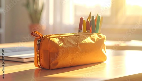 Bright orange pencil case full of colorful pens on a wooden desk