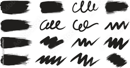 Black Paint Brush Stroke Vector Set, Hand Drawn Ink Swash and Scribble Collection, Bold Marker Smear Elements Editable SVG PNG EPS for Logo, T Shirt and Design