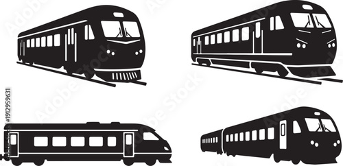 Passenger Train Black Silhouette Vector, Solid Flat Minimal Shape, Clean Outline, SVG EPS Compatible Stock Illustration