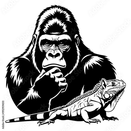 Contemplative gorilla sharing space with a resting lizard in a monochrome illustration