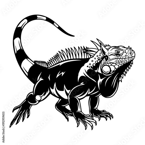 Black and white illustration of a stylized iguana in a dynamic pose