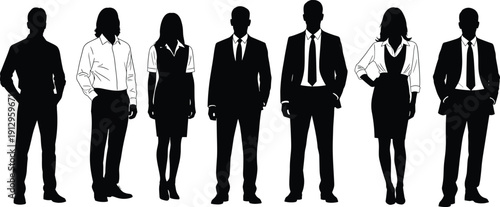 Corporate business people silhouette vector set featuring professional men and women standing poses in formal office attire isolated, workplace team illustration design