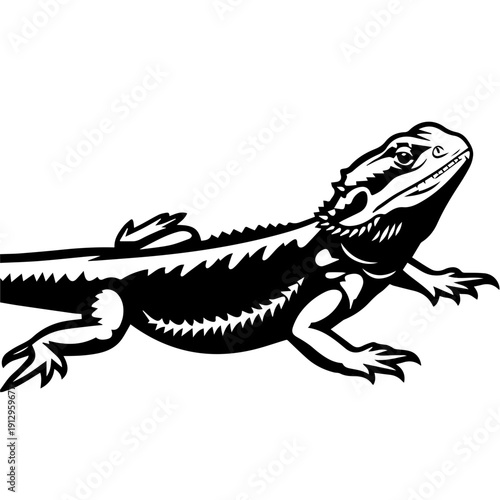 Black and white illustration of a stylized bearded dragon with detailed scales and texture