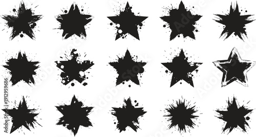Black Grunge Star Vector Set, Paint Splatter Starburst Collection, Distressed Ink Splash Stars Editable SVG PNG EPS for Logo, T Shirt, Badge and Graphic Design