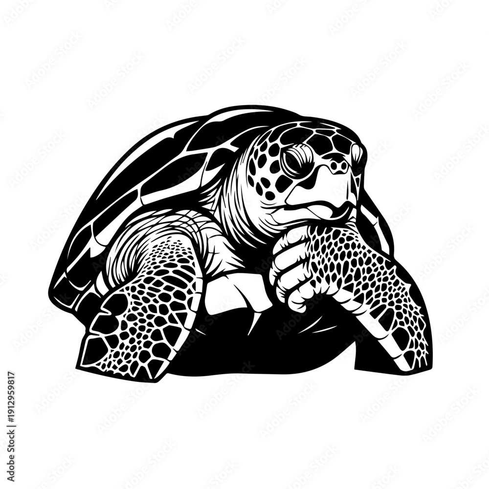 Fototapeta premium Thoughtful sea turtle engraved in monochrome art style