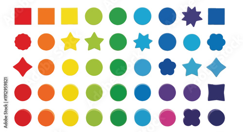 Assortment of brightly colored wooden geometric shapes including circles squares stars and flowers arranged in a rainbow spectrum pattern for early learning.