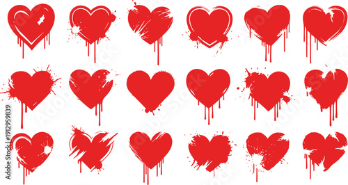 Red Dripping Heart Vector Set, Paint Splash Love Heart Collection, Romantic Valentine Graphic Elements, Grunge Style Editable SVG PNG EPS for T Shirt Print Design