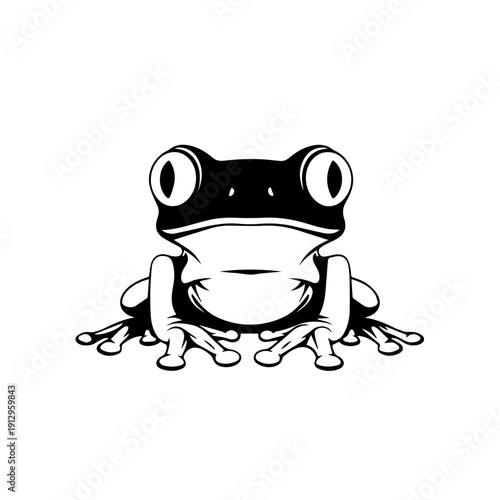 Black and white illustration of a stylized tree frog sitting on a surface